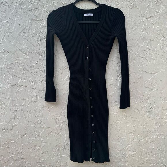 JOHN ELLIOTT Dress Women 0/XS Piper Silk Ribbed Button Front Black Long Midi - Picture 2 of 8